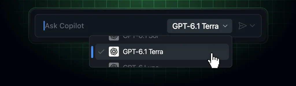 GitHub-provided Copilot model-picker screenshot illustrating GPT-6.1 Terra availability.