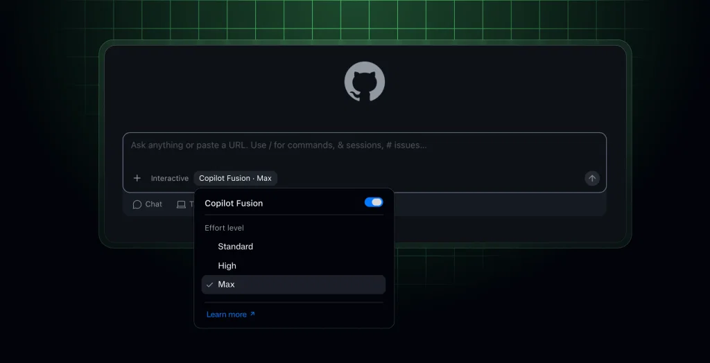 GitHub-provided screenshot showing Copilot Fusion enabled with Standard, High and Max effort options.