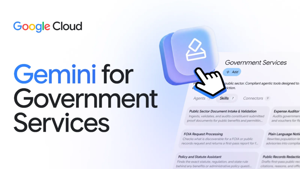 Google Cloud graphic introducing Gemini for government services with government workflow skills