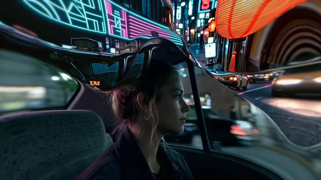 Google DeepMind Genie 4 generated scene showing a passenger inside a vehicle on a neon-lit street