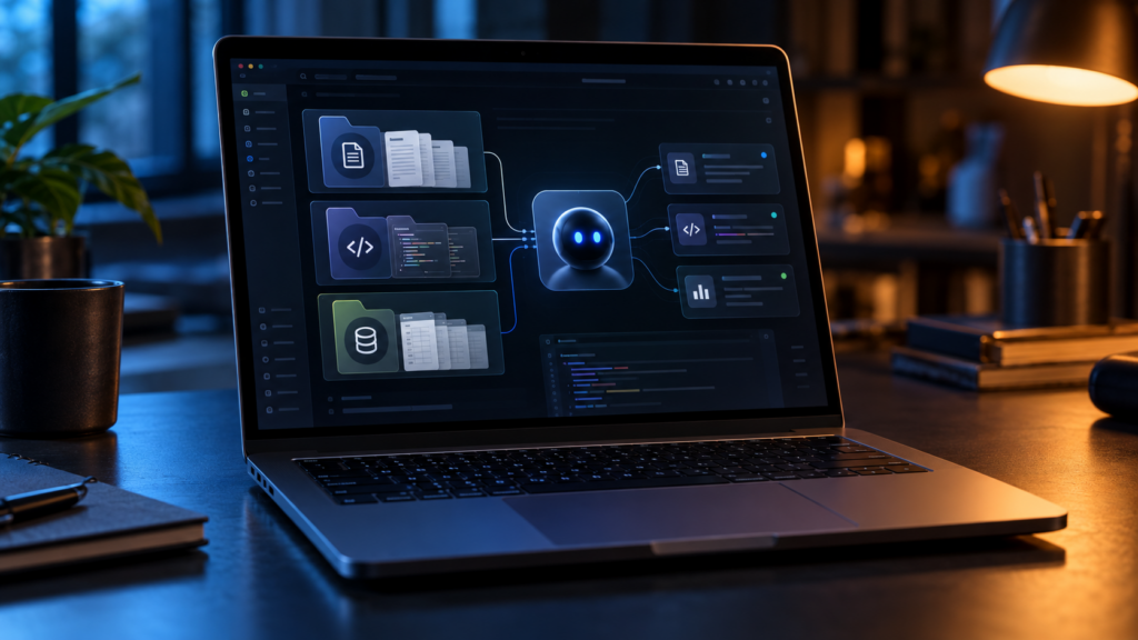 Laptop displaying modular AI agent skills for documents, coding and data analysis