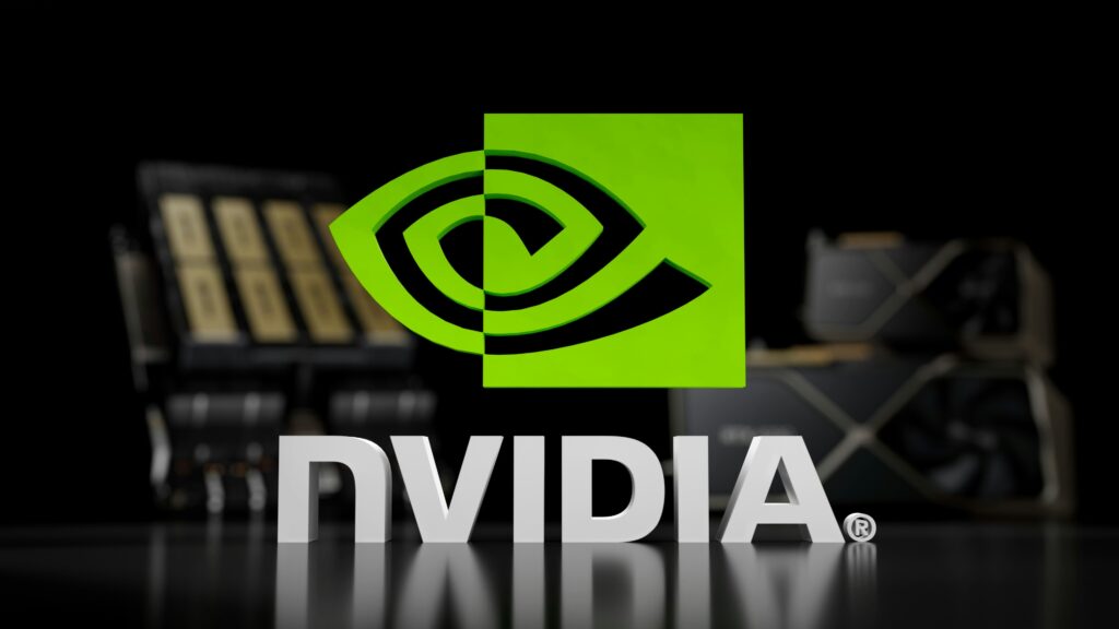 Green Nvidia logo above the Nvidia wordmark, with computer hardware in the background.