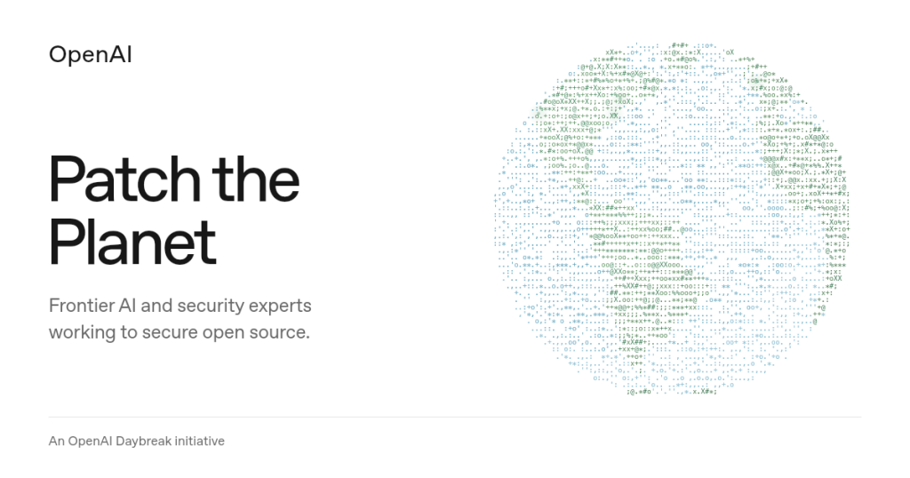 OpenAI’s Patch the Planet illustration with a green and blue typographic globe.