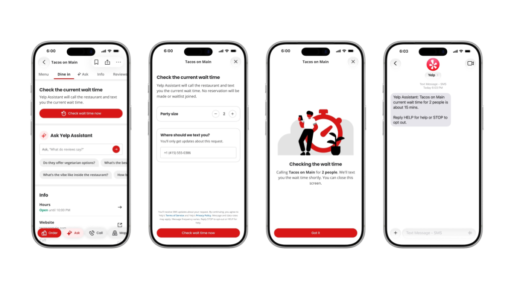 Yelp Check for Me screens showing a restaurant wait-time request, party size entry, calling progress and text-message result