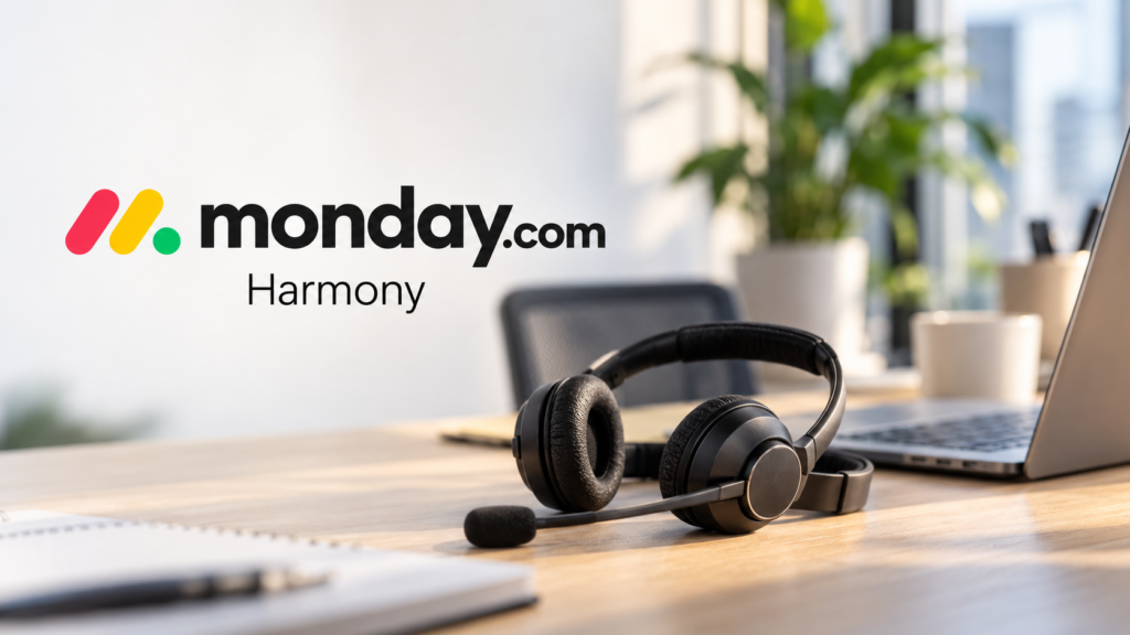 monday.com logo and Harmony name beside a headset and laptop on a sunlit sales desk.